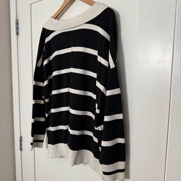Torrid Sweater Sz 3X Black White Striped Knit Collared V Neck Preppy Office - Picture 7 of 12